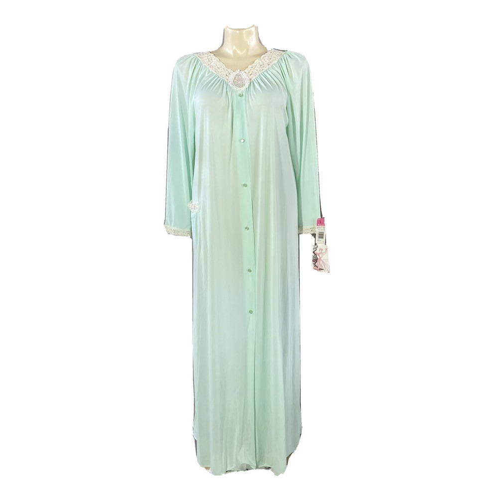 NWT Shadowline Robe LARGE Aqua Mint Green Off White Lace‎ All Nylon Long Pocket